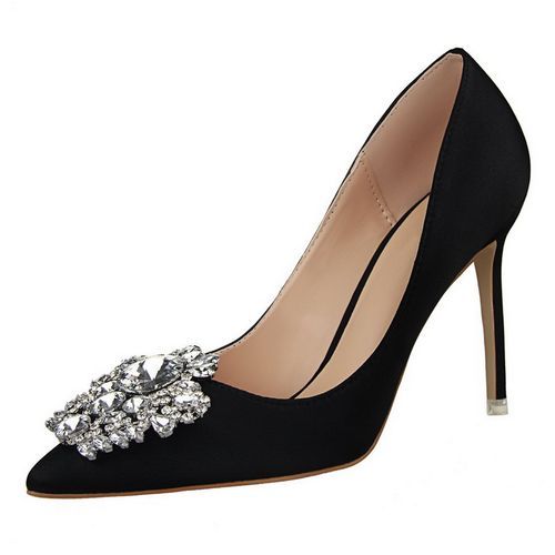 Ladies Crystal Heels Wedding Pumps Dress Party Shoes Black