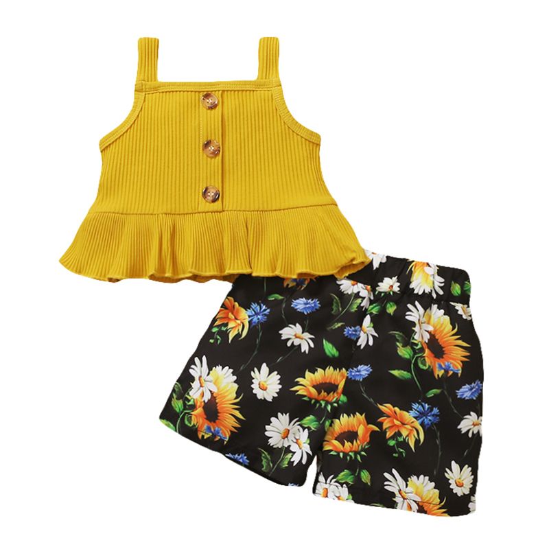 1-6 Years Child Girl 2PCS Set/Button Ribbed Slip Top+Floral Shorts