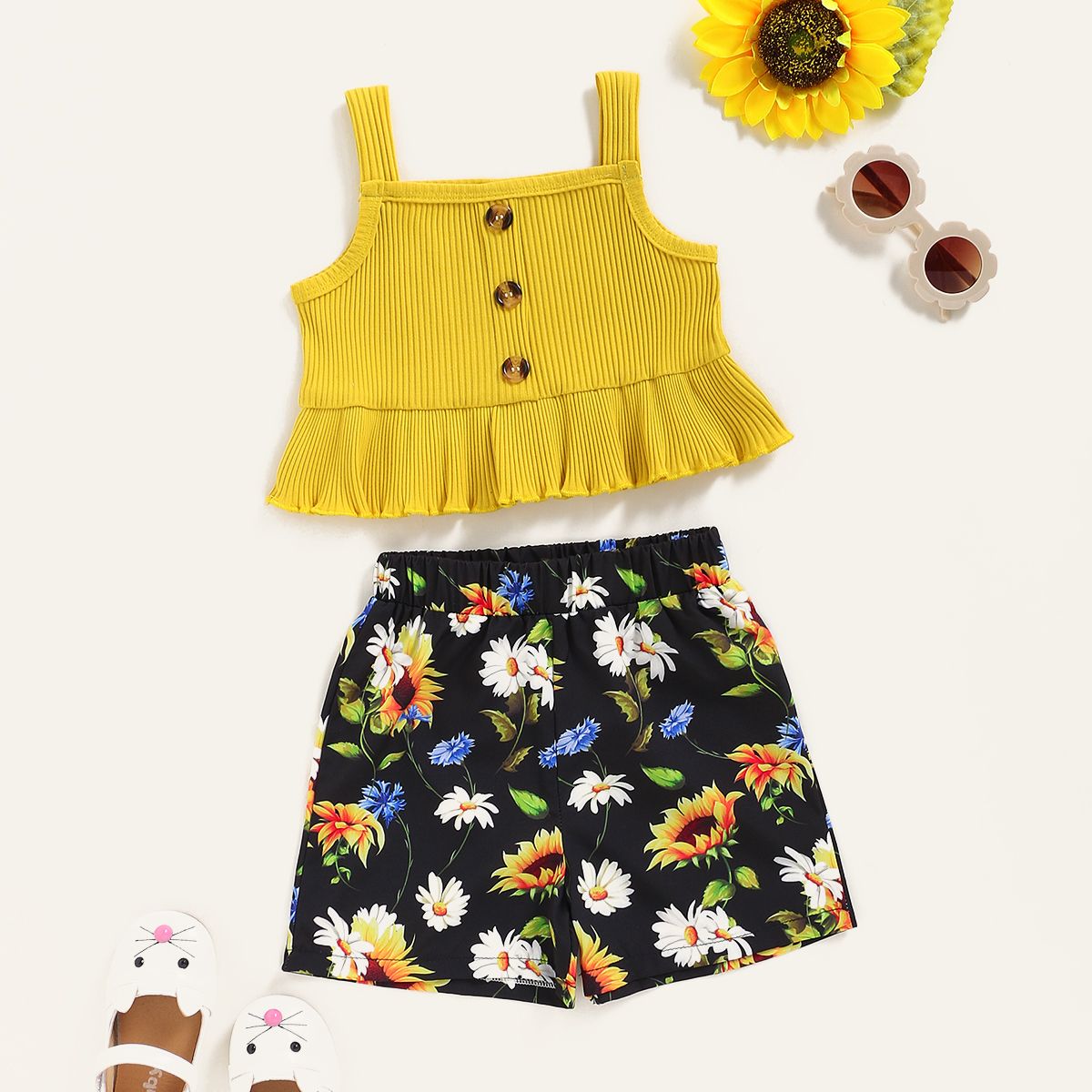 1-6 Years Child Girl 2PCS Set/Button Ribbed Slip Top+Floral Shorts