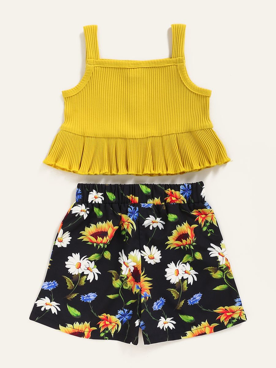 1-6 Years Child Girl 2PCS Set/Button Ribbed Slip Top+Floral Shorts