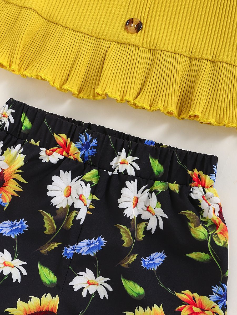 1-6 Years Child Girl 2PCS Set/Button Ribbed Slip Top+Floral Shorts