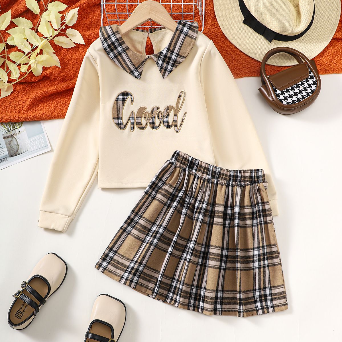 Girls Fall Letter Lapel Long Sleeve Plaid Pleated Skirt Set