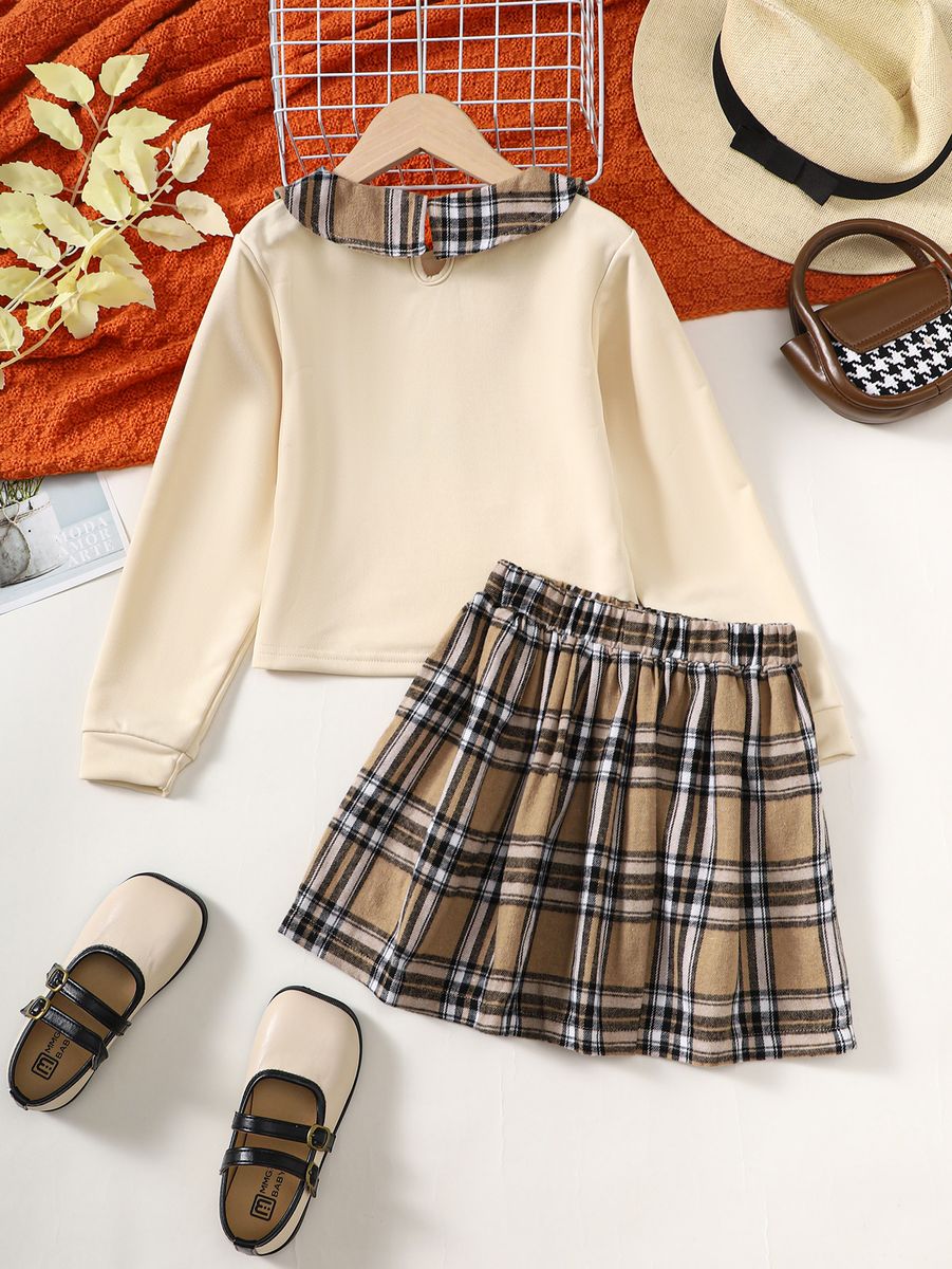 Girls Fall Letter Lapel Long Sleeve Plaid Pleated Skirt Set