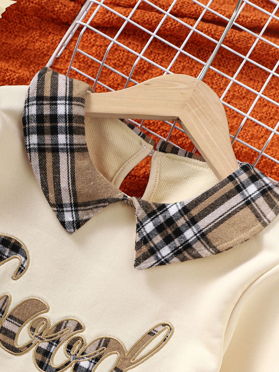 Girls Fall Letter Lapel Long Sleeve Plaid Pleated Skirt Set