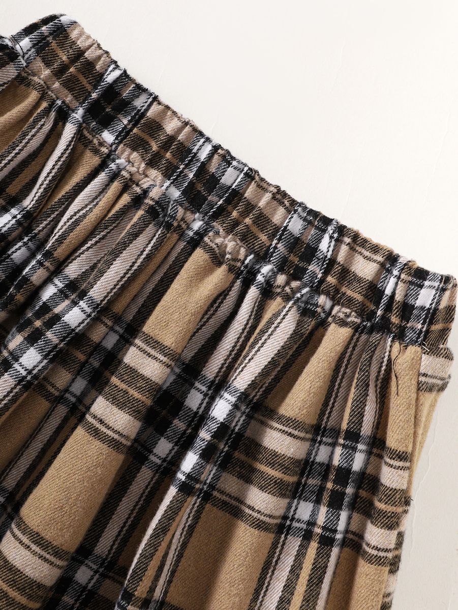 Girls Fall Letter Lapel Long Sleeve Plaid Pleated Skirt Set