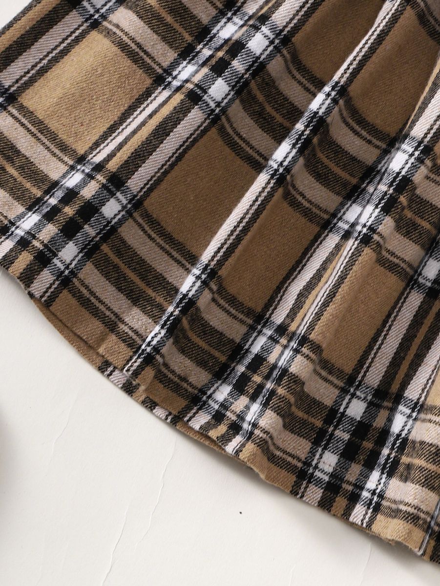 Girls Fall Letter Lapel Long Sleeve Plaid Pleated Skirt Set