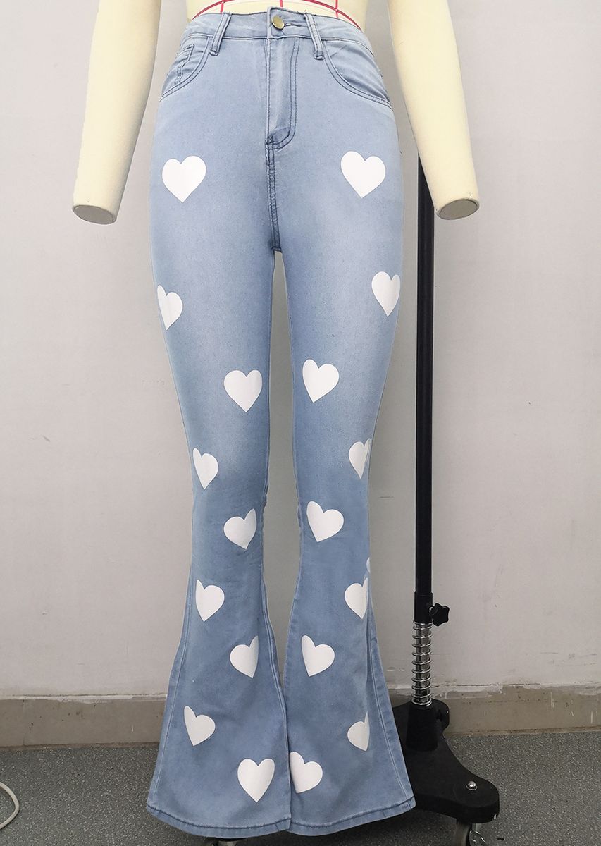 Women Love Printed Wide Leg Denim Trousers Slim Lady High-waisted Jeans