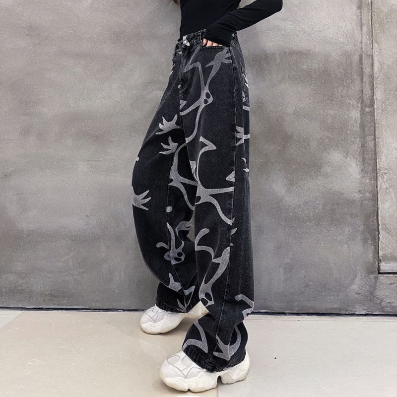 Denim Goth Pants Loose Graphic Jeans Woman High Waist Denim Trousers Explosive