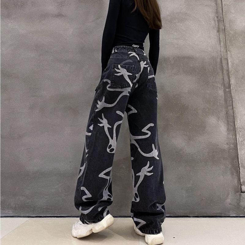 Denim Goth Pants Loose Graphic Jeans Woman High Waist Denim Trousers Explosive
