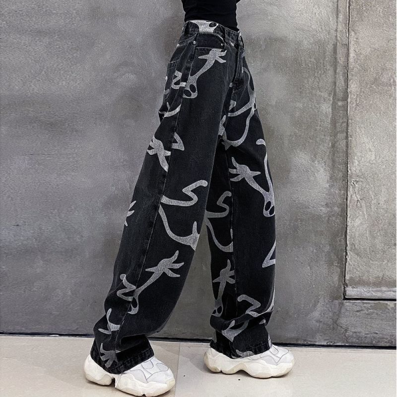 Denim Goth Pants Loose Graphic Jeans Woman High Waist Denim Trousers Explosive