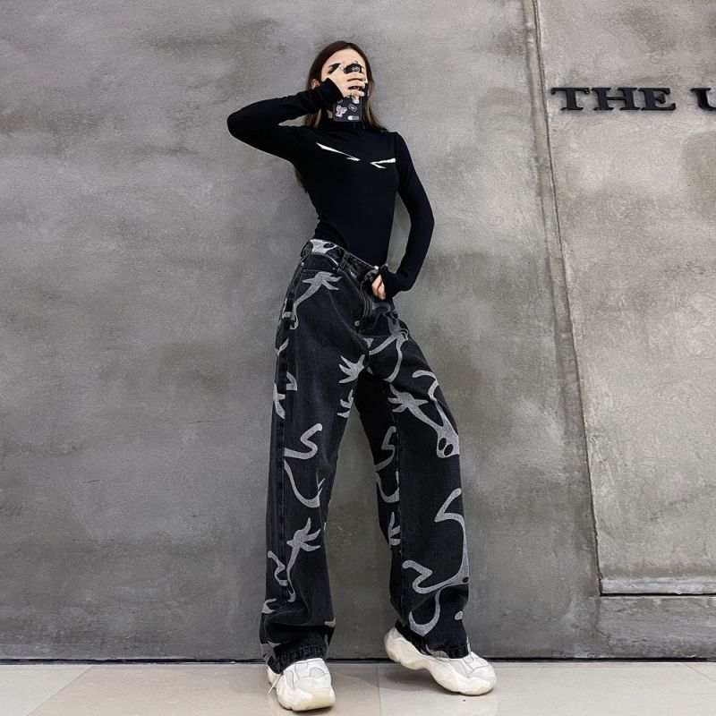 Denim Goth Pants Loose Graphic Jeans Woman High Waist Denim Trousers Explosive