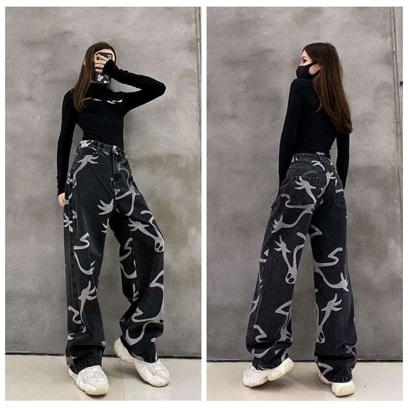 Denim Goth Pants Loose Graphic Jeans Woman High Waist Denim Trousers Explosive