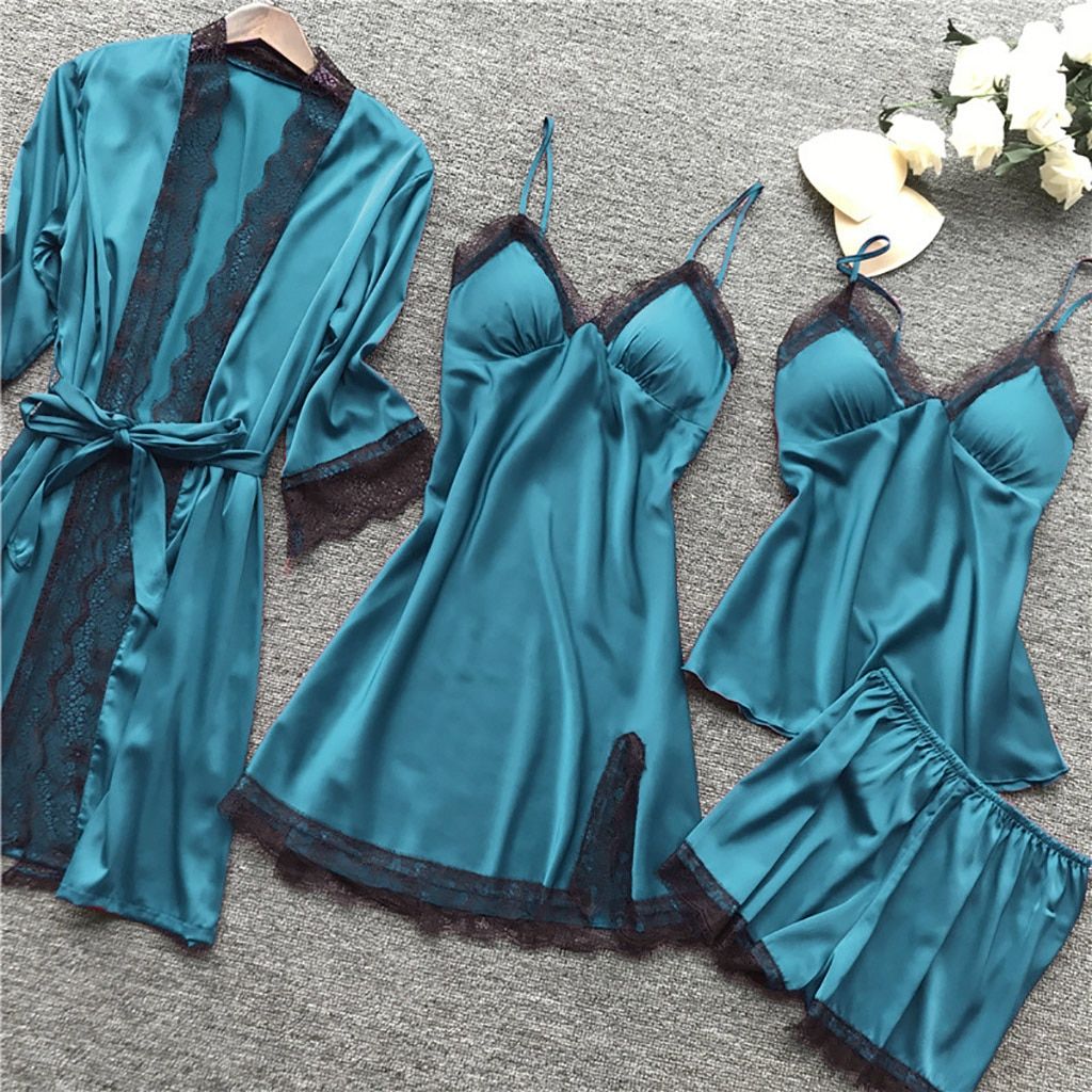Women's Pajamas  Women Pajamas Sets Satin Sleepwear Silk 4 Pieces