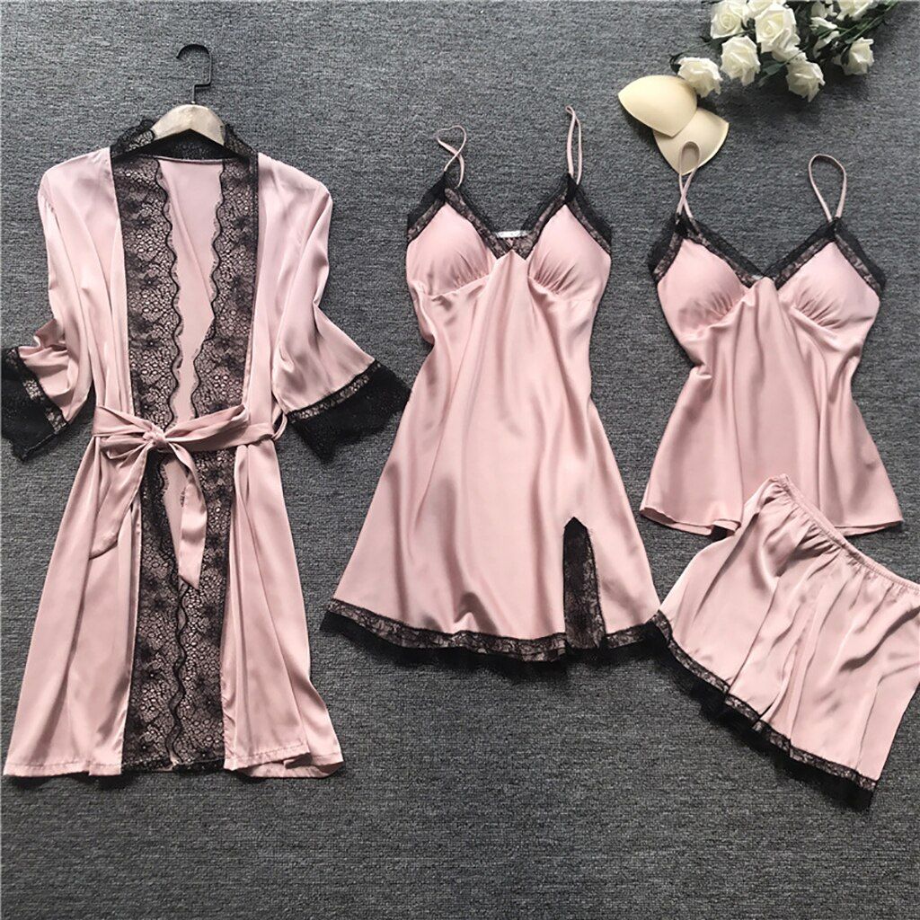 Women's Pajamas  Women Pajamas Sets Satin Sleepwear Silk 4 Pieces