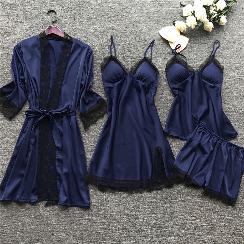 Women's Pajamas  Women Pajamas Sets Satin Sleepwear Silk 4 Pieces