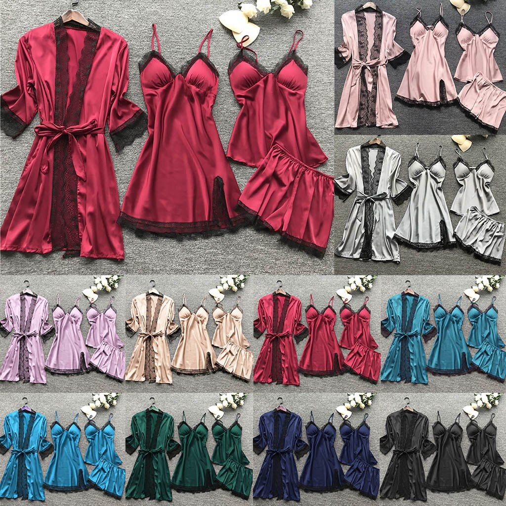 Women's Pajamas  Women Pajamas Sets Satin Sleepwear Silk 4 Pieces