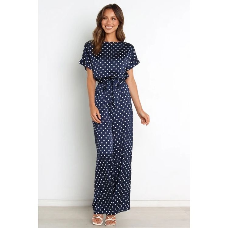 Tie Waist Dot Print Jumpsuit For Ladies