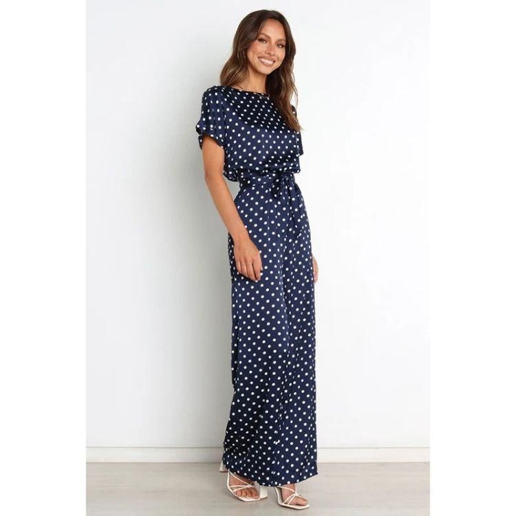 Tie Waist Dot Print Jumpsuit For Ladies