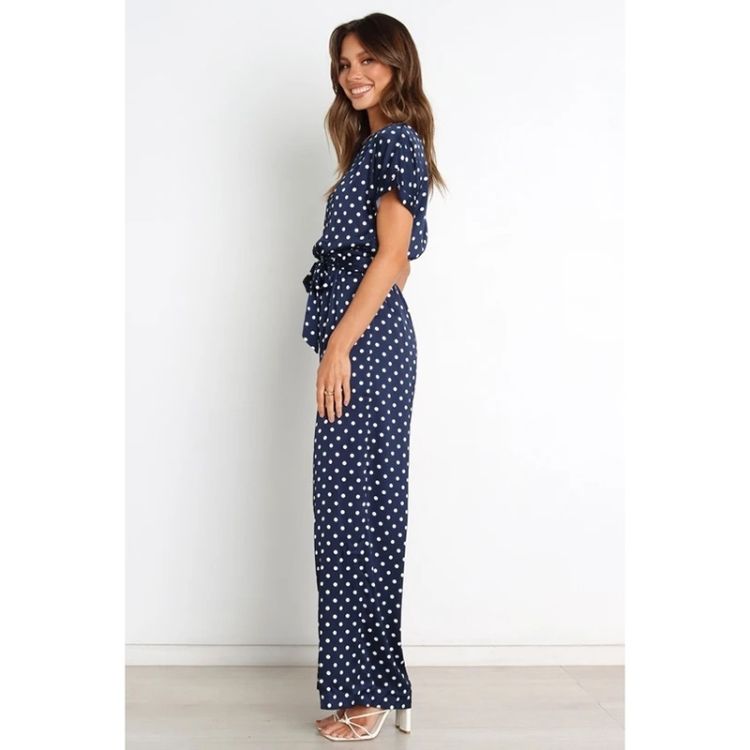 Tie Waist Dot Print Jumpsuit For Ladies