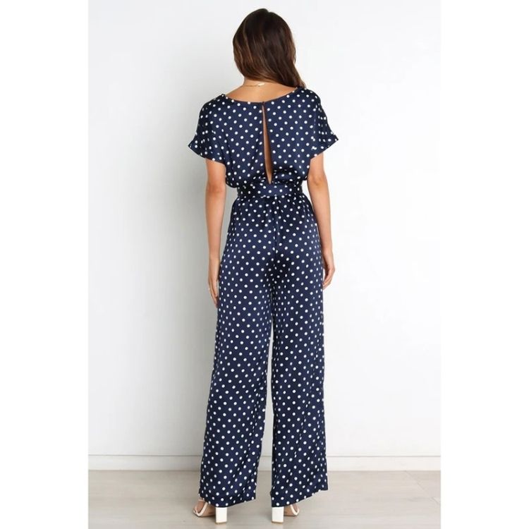 Tie Waist Dot Print Jumpsuit For Ladies