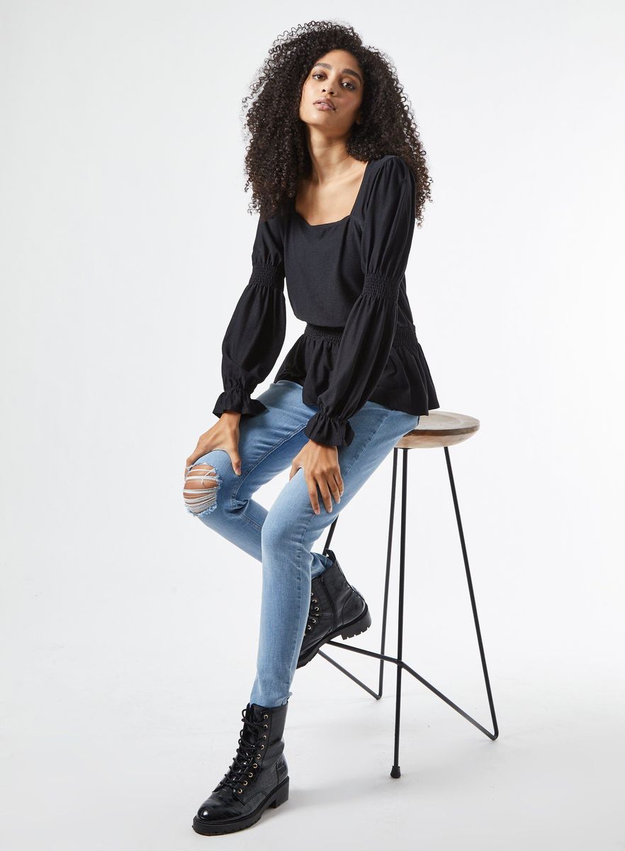 Black Textured Square Neck Top