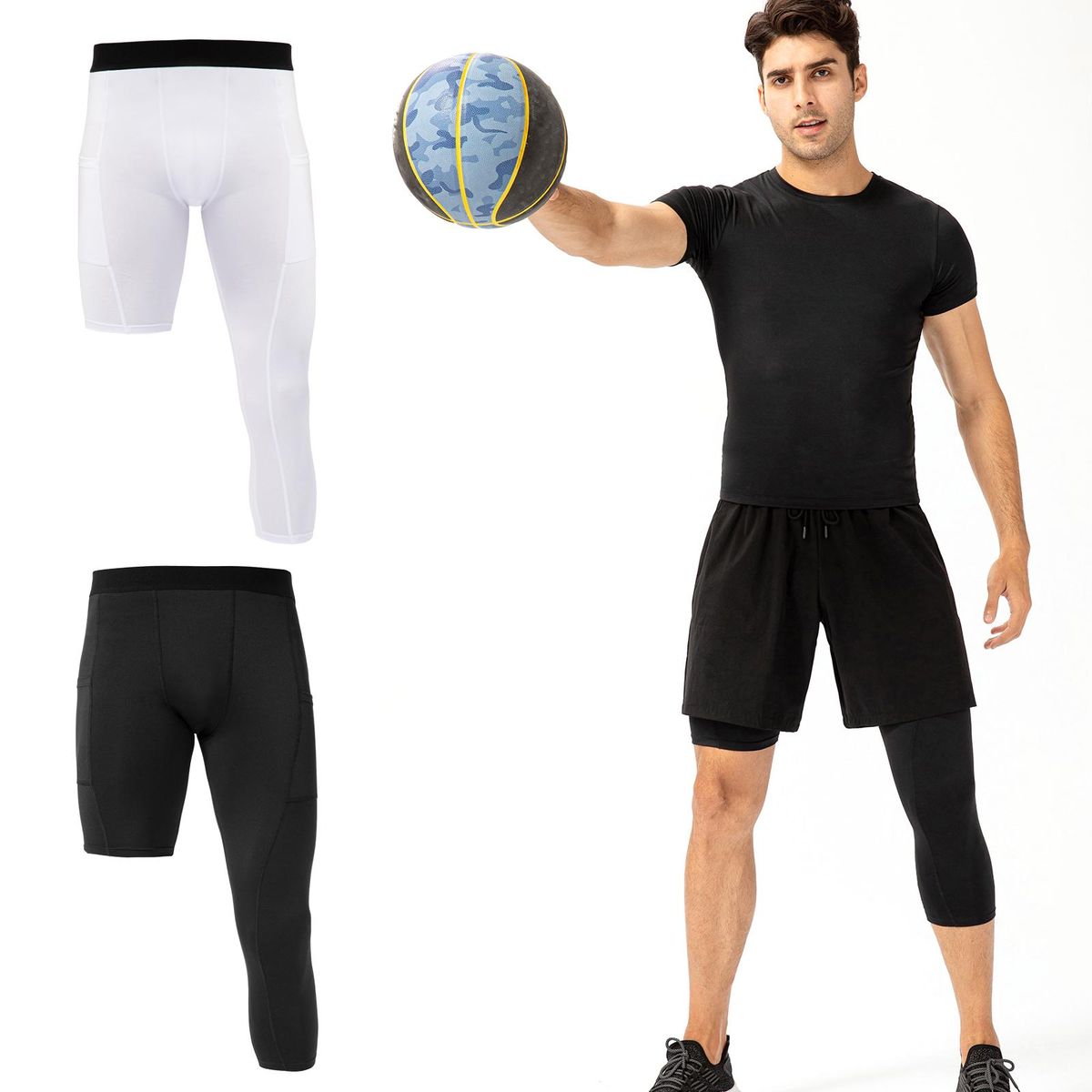Men One Leg Tight Pants 3/4 Leggings Athletic Base Layer Men Basketball Underwear