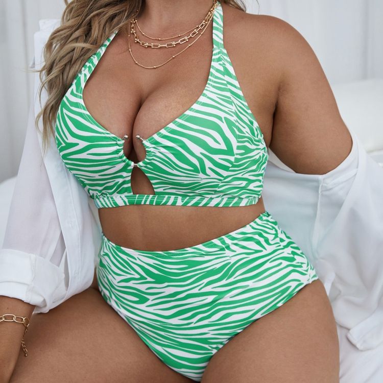 Two-piece Textured-print Hollow Halter Swimsuit