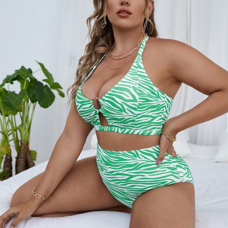 Two-piece Textured-print Hollow Halter Swimsuit