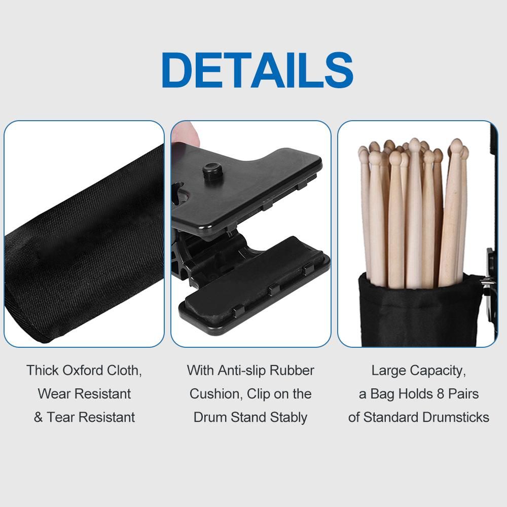 Drumstick Holder for Drum Set Clamp on Drum Stick Storage Bag Oxford Cloth Large Capacity Clip on Drumsticks Container for up to 8 Pairs
