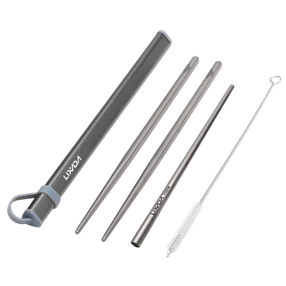 Lixada Camping Cutlery Set Titanium Chopsticks Drinking Straw Cleaning Brush with Aluminum Storage Tube Case for Outdoor Traveling