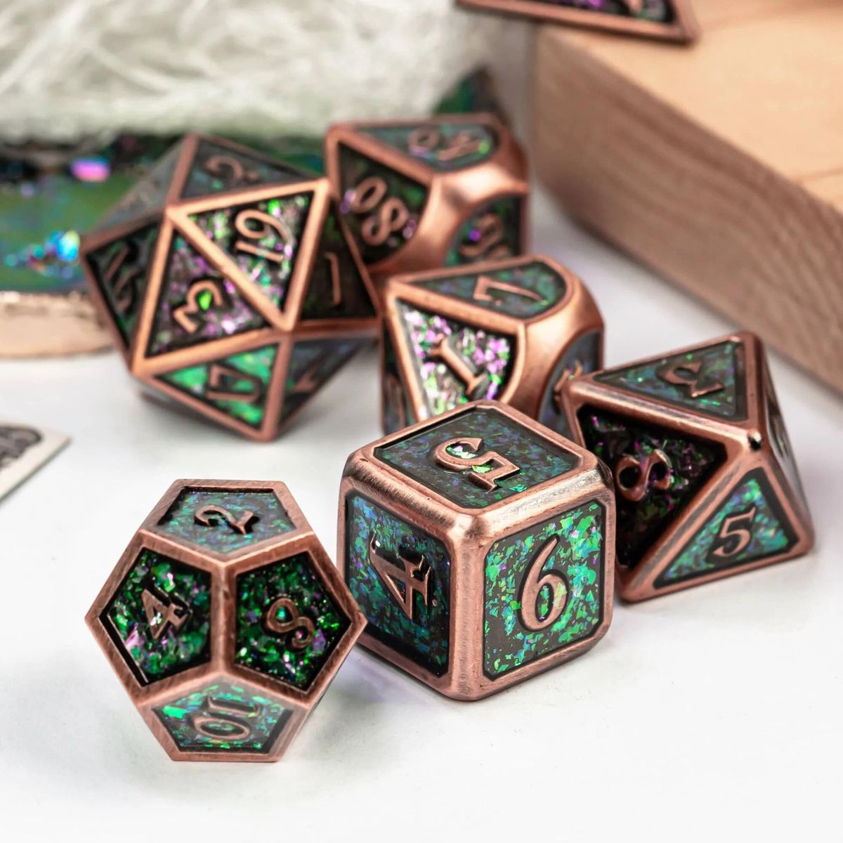 cusdie Red Copper Metal Dice, 7Pcs Enamel D&D Dice, DND Polyhedral Dice Set, for Role Playing Game MTG Pathfinder