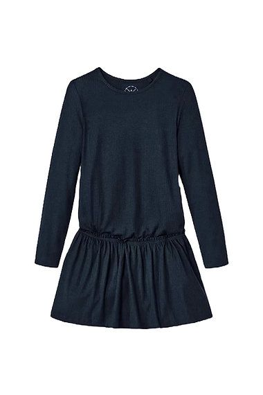 Girl Long Sleeve Textured Dress, Navy Blue