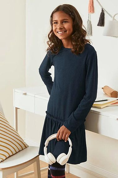 Girl Long Sleeve Textured Dress, Navy Blue