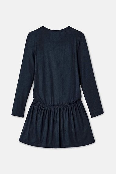 Girl Long Sleeve Textured Dress, Navy Blue