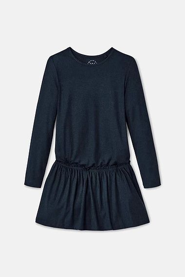 Girl Long Sleeve Textured Dress, Navy Blue