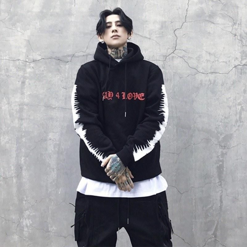 2021 hip-hop men's trendy suit Chinese characters printed hoodie men's spring and summer cotton outerwear love couple sweater black XL