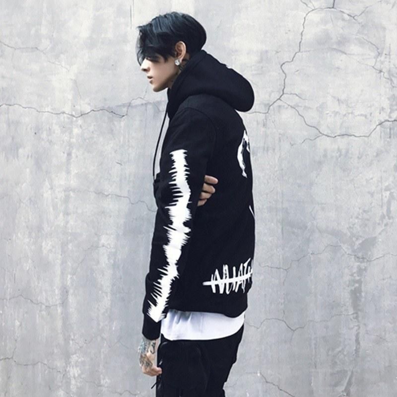 2021 hip-hop men's trendy suit Chinese characters printed hoodie men's spring and summer cotton outerwear love couple sweater black XL