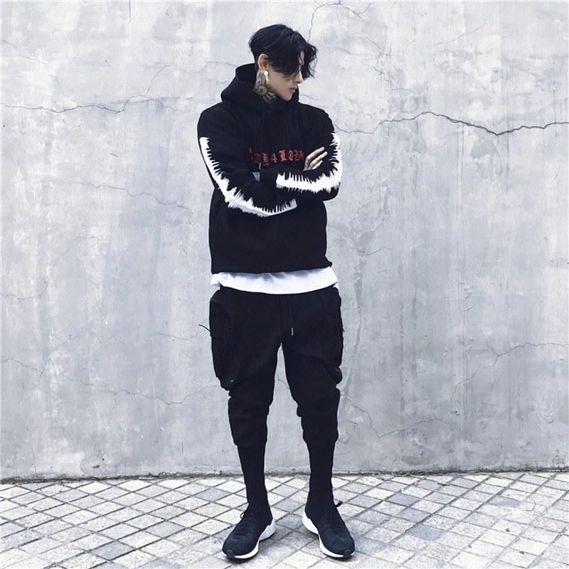 2021 hip-hop men's trendy suit Chinese characters printed hoodie men's spring and summer cotton outerwear love couple sweater black XL