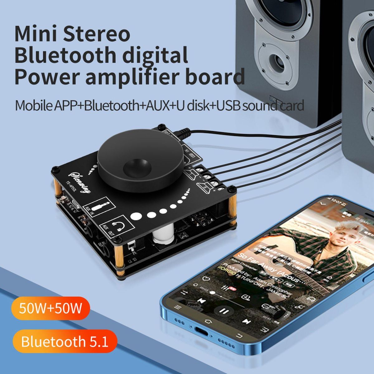 YS-AP50L Digital Bluetooth Amplifier Board Mini Version 50W+50W HIFI High-Power BT5.1 Two-Channel Stereo Speaker Module