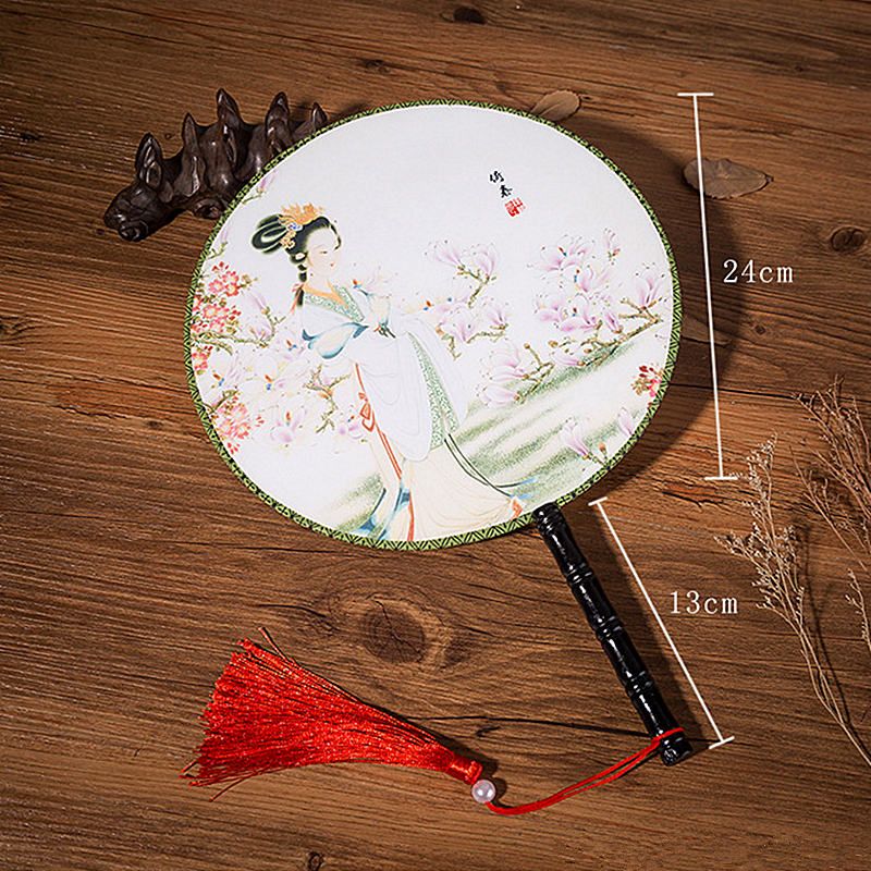 Round Dancing Printed Fan Handheld Female Style Flower With Both Chinese Classical Tassel Silk Side Circular Styles 28 Pendant