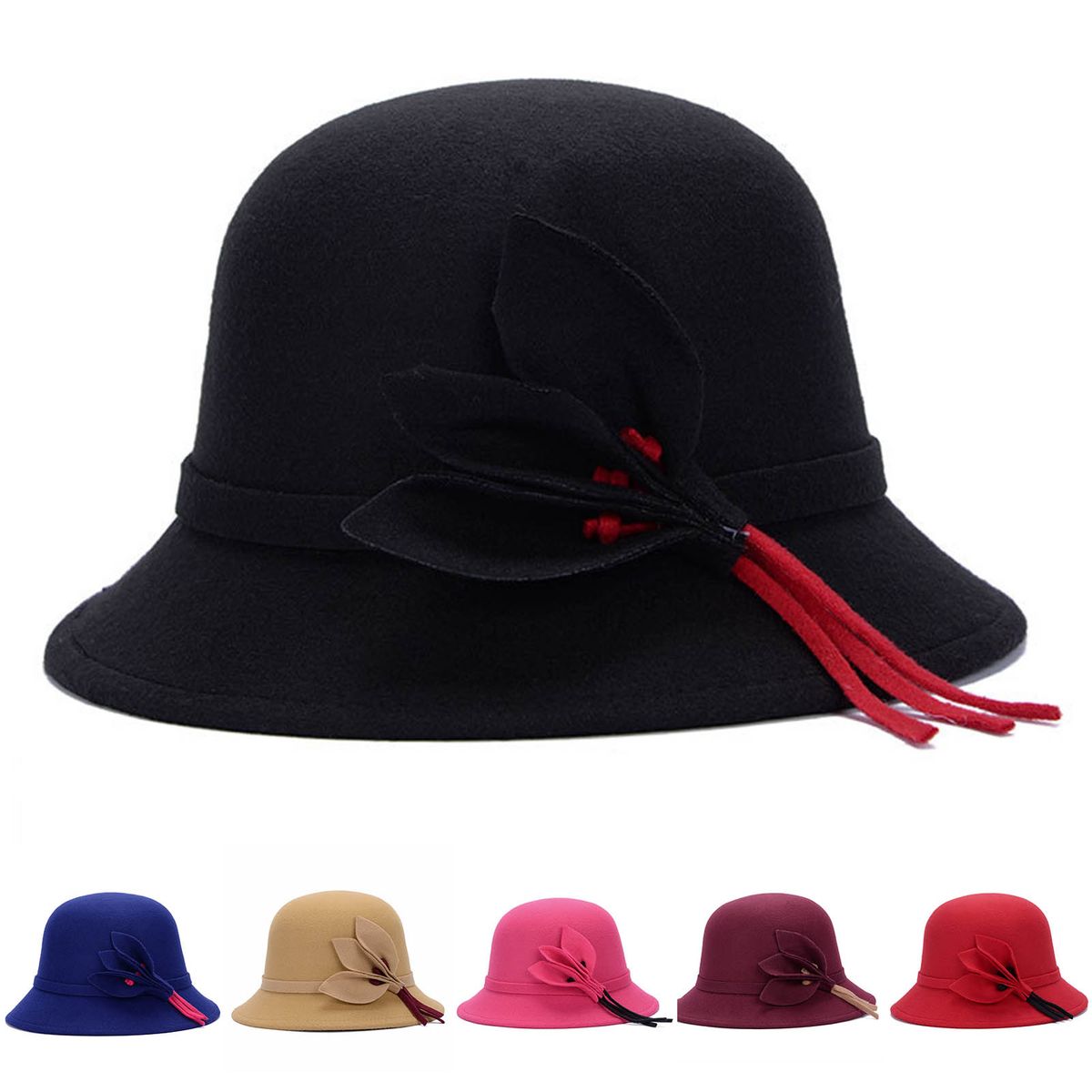 Women Hat Eye-catching British Style Faux Wool Vintage-Black