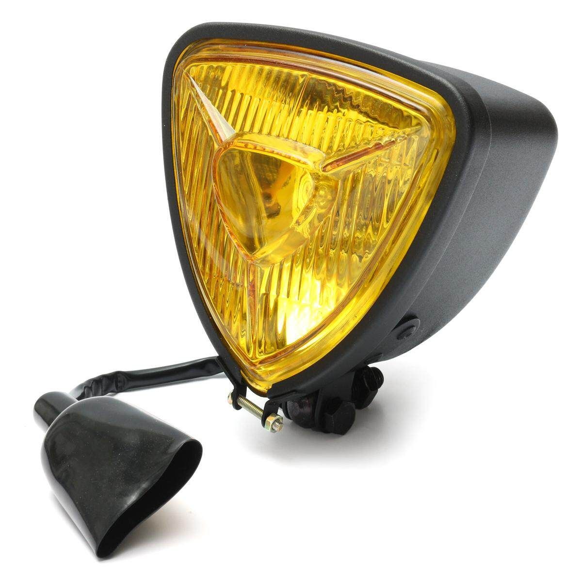 Motorcycle Triangle Headlight Head Lamp Hi/Lo Beam For Harley Chopper Touring Black Yellow Glass