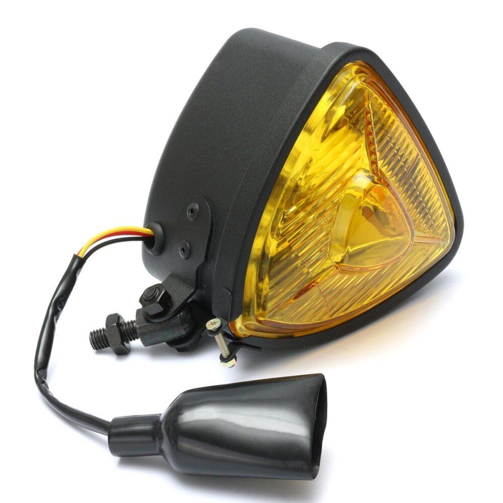 Motorcycle Triangle Headlight Head Lamp Hi/Lo Beam For Harley Chopper Touring Black Yellow Glass