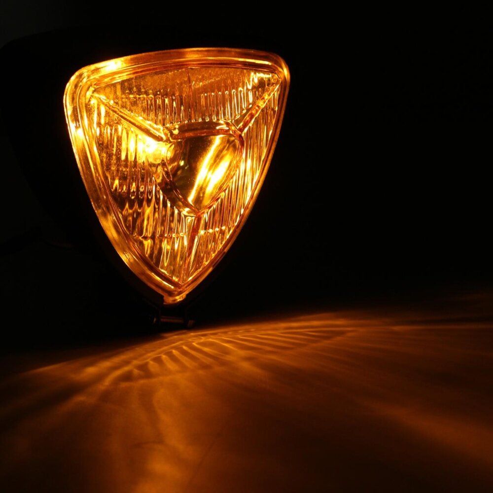 Motorcycle Triangle Headlight Head Lamp Hi/Lo Beam For Harley Chopper Touring Black Yellow Glass