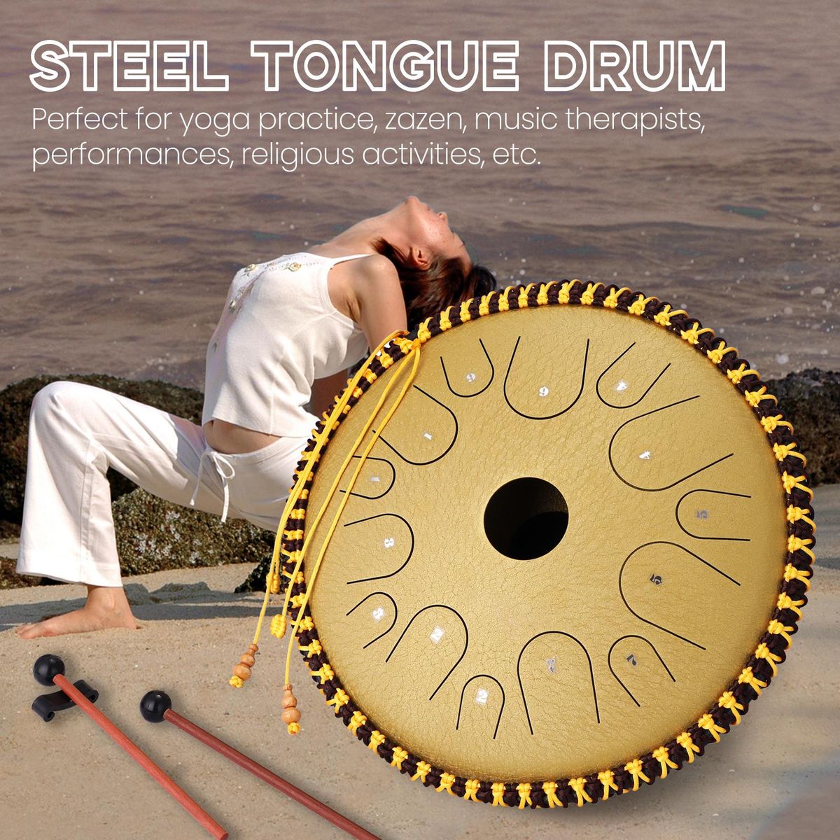 14 inch 14-Tone Carbon Steel Tongue Drum Hand Pan Drums with Drumsticks Percussion Musical Instruments