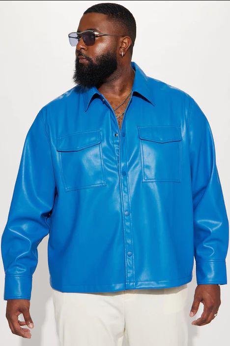 Luxury Night Out Faux Leather Shacket Jacket And Pant - Blue