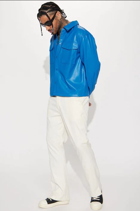 Luxury Night Out Faux Leather Shacket Jacket And Pant - Blue