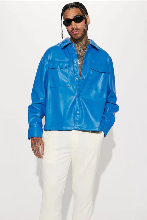 Luxury Night Out Faux Leather Shacket Jacket And Pant - Blue