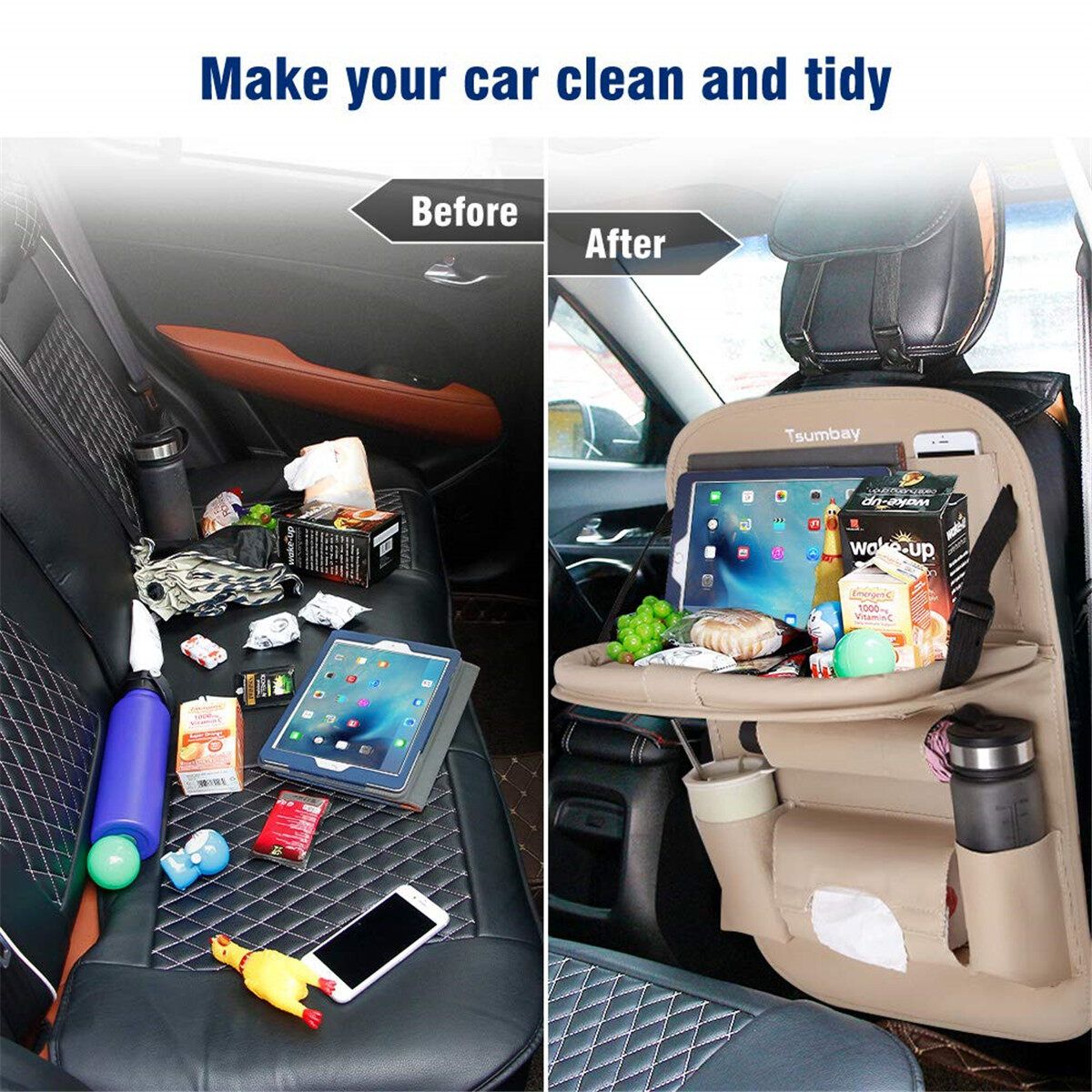 Car Storage Organizer Seat Back Protector 8 Pockets Kid Tablet Holder Tissue Box White