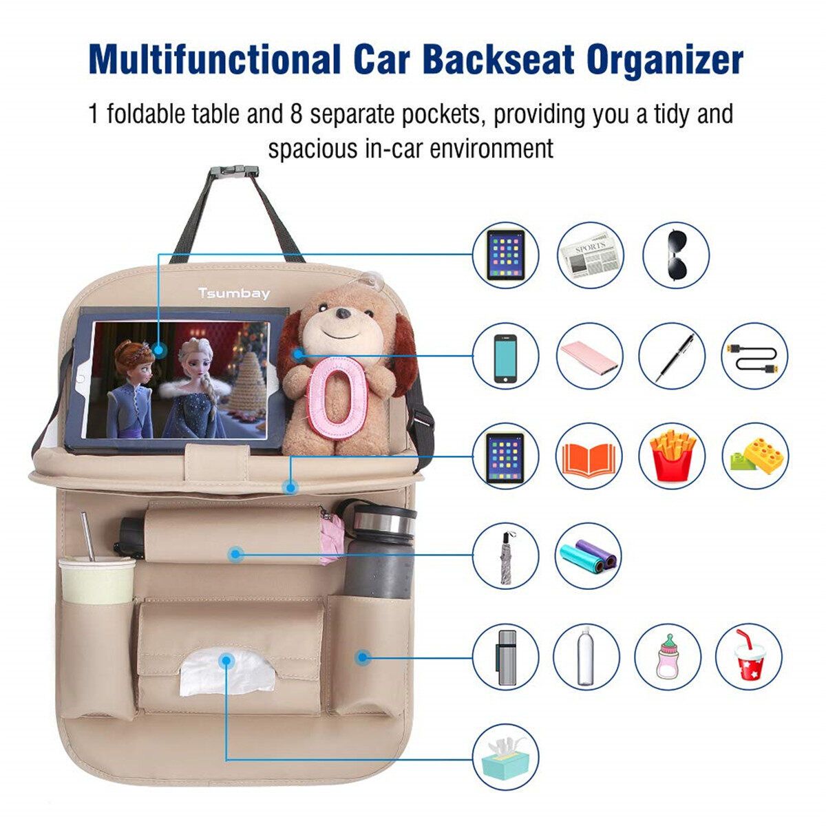 Car Storage Organizer Seat Back Protector 8 Pockets Kid Tablet Holder Tissue Box White